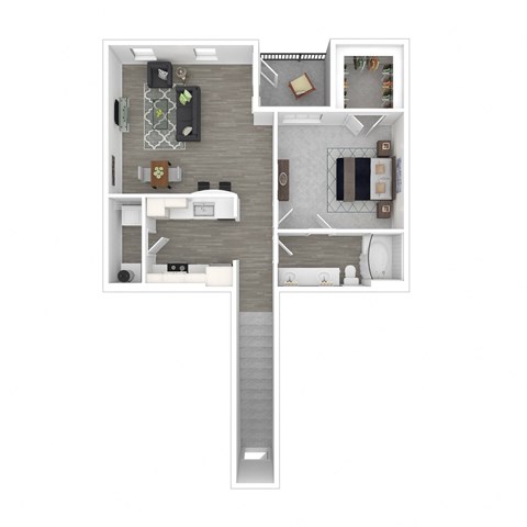 a stylized floor plan with a bedroom and a living room